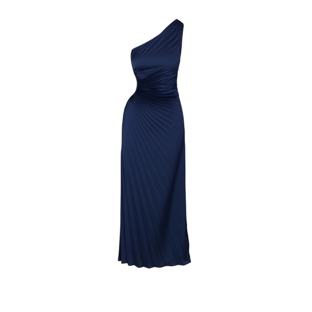 Delfi Small Solie Gown Maxi Dress Navy Satin Pleated Cut Out One Shoulder Slit
